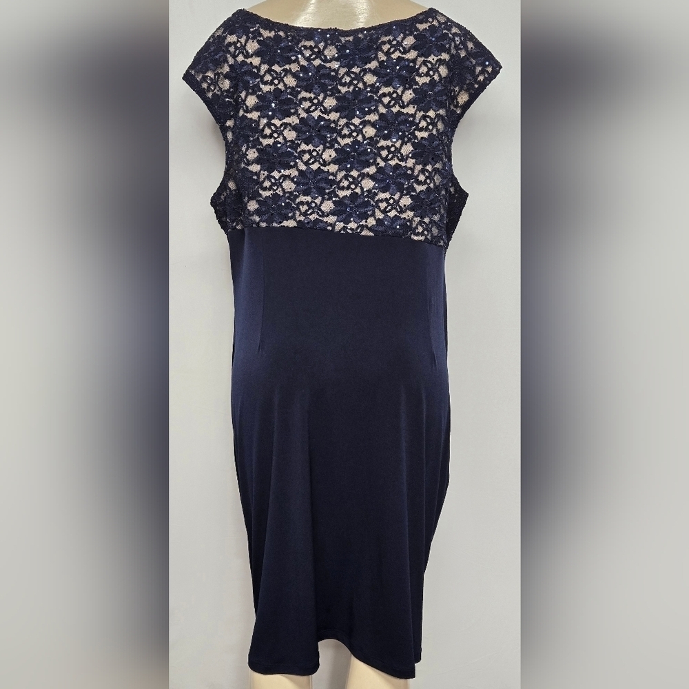 Connected 20W Blue Stretch Knit Dress Lace Floral Sequins Side Pleats Faux Wrap - Picture 3 of 6